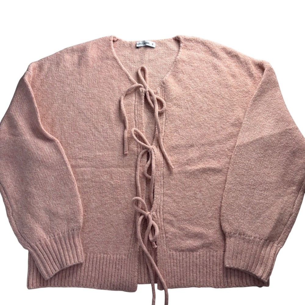 PrettyGarden Pink Tie Front Cardigan Sweater Balloon Sleeve Lace Up Knit M Soft